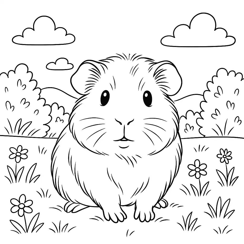 18 Meerschweinchen Ausmalbilder (Gratis Malvorlage zum drucken) Neugieriges Meerschweinchen Ausmalbild – meerschweinchen sitzt aufmerksam auf einer Wiese mit Blumen und Büschen im Hintergrund.