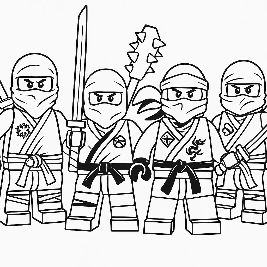 50 Ausmalbilder Lego Ninjago (Kostenlose Malvorlage Drucken) Ninjago Ausmalbild mit allen Lego Ninjas – Kai, Lloyd, Jay, Cole und Zane zum Ausdrucken