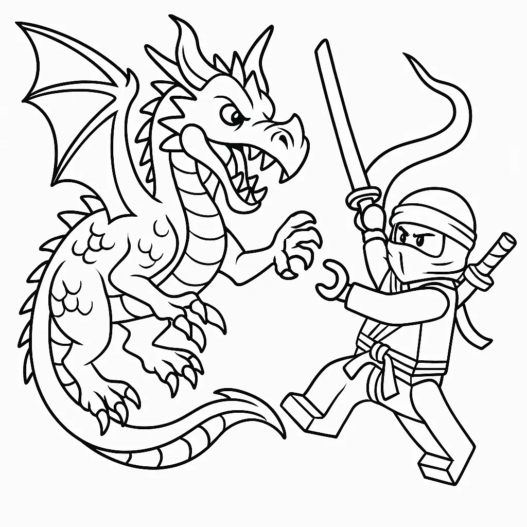50 Ausmalbilder Lego Ninjago (Kostenlose Malvorlage Drucken) Lego Ninjago Ausmalbild – Ninja kämpft gegen einen Drachen, ideal zum Ausdrucken