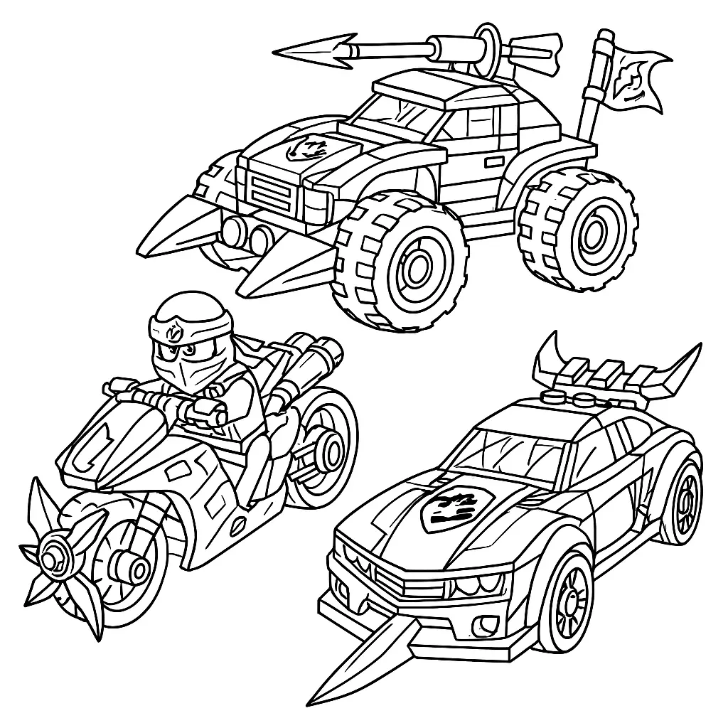 50 Ausmalbilder Lego Ninjago (Kostenlose Malvorlage Drucken) Ninjago Fahrzeuge Ausmalbild – Verschiedene LEGO Ninja-Fahrzeuge mit Waffen, Rädern und coolen Details zum Ausmalen