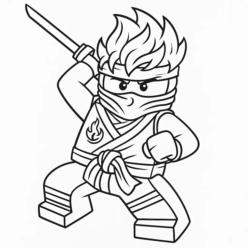 50 Ausmalbilder Lego Ninjago (Kostenlose Malvorlage Drucken) Ninjago Kai Ausmalbild – LEGO Ninja Kai mit Katana in Actionpose, ohne Rand zum Ausmalen