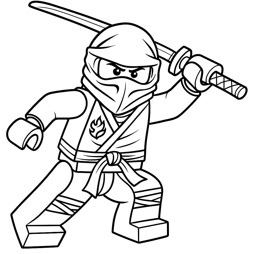 50 Ausmalbilder Lego Ninjago (Kostenlose Malvorlage Drucken) Ninjago Ausmalbild – Roter LEGO Ninja Kai mit Katana in Actionpose zum Ausmalen