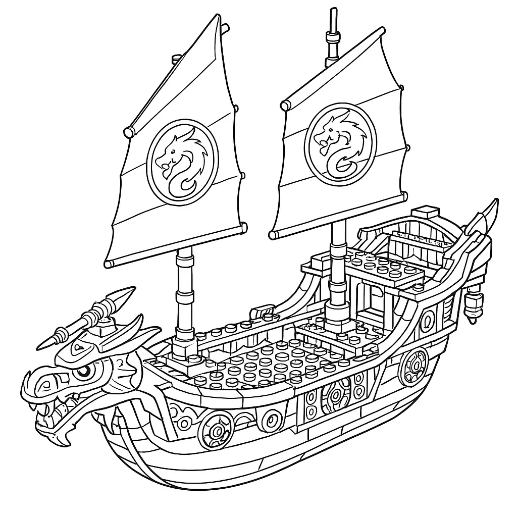 50 Ausmalbilder Lego Ninjago (Kostenlose Malvorlage Drucken) Ninjago Schiff Ausmalbild – LEGO Drachenboot mit Segeln und Ninja-Details, ohne Rand zum Ausmalen