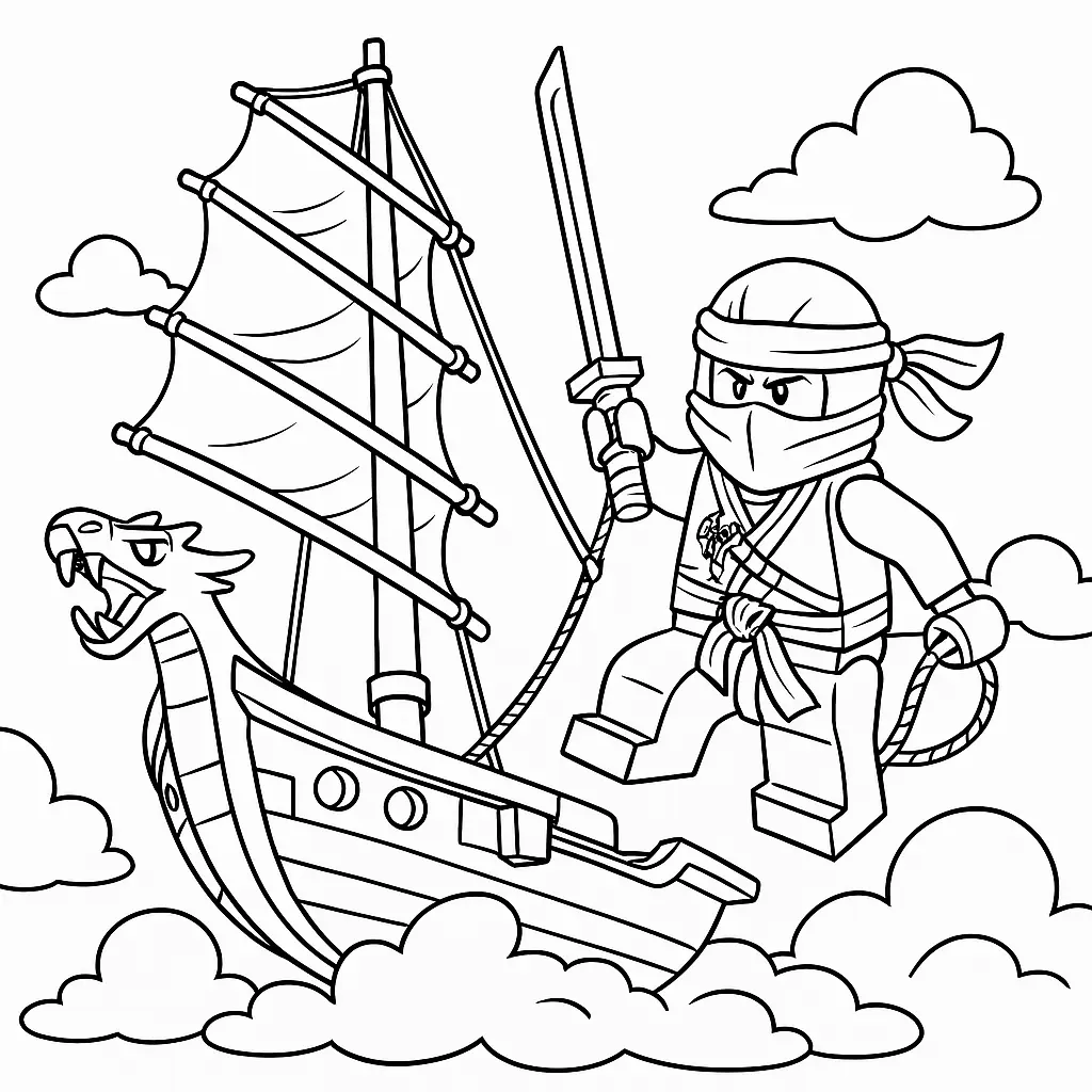 50 Ausmalbilder Lego Ninjago (Kostenlose Malvorlage Drucken) Ninjago Skybound Ausmalbild – Ninja auf fliegendem Schiff mit Segeln und Wolken