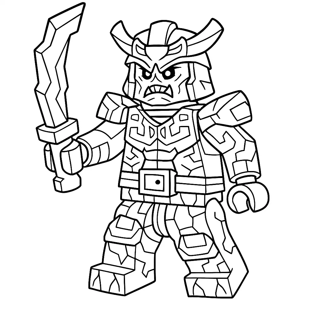 50 Ausmalbilder Lego Ninjago (Kostenlose Malvorlage Drucken) Dieses Ninjago Ausmalbild zeigt einen Krieger der Steinarmee mit massiver Rüstung, kantigen Formen und bedrohlicher Waffe. Eine starke Malvorlage für Fans der dunklen Kräfte aus der LEGO Ninjago Welt
