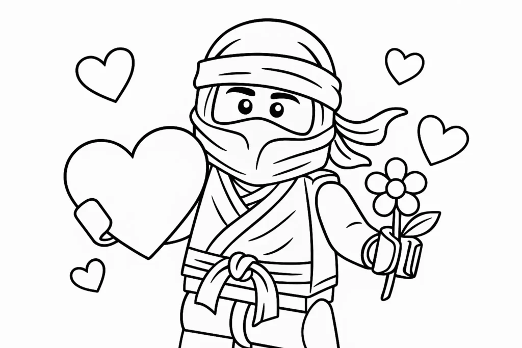 50 Ausmalbilder Lego Ninjago (Kostenlose Malvorlage Drucken) Ninjago Valentinstag Ausmalbild – LEGO Ninja mit Herzsymbol und romantischen Details zum Ausmalen
