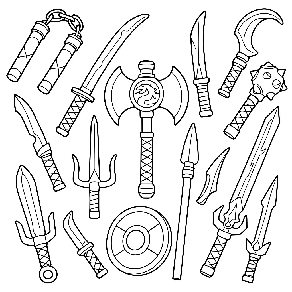 50 Ausmalbilder Lego Ninjago (Kostenlose Malvorlage Drucken) Ninjago Waffen Ausmalbild – Sammlung aller ikonischen Ninja-Waffen wie Katana, Sense, Nunchaku und Shuriken, ohne Rand zum Ausmalen