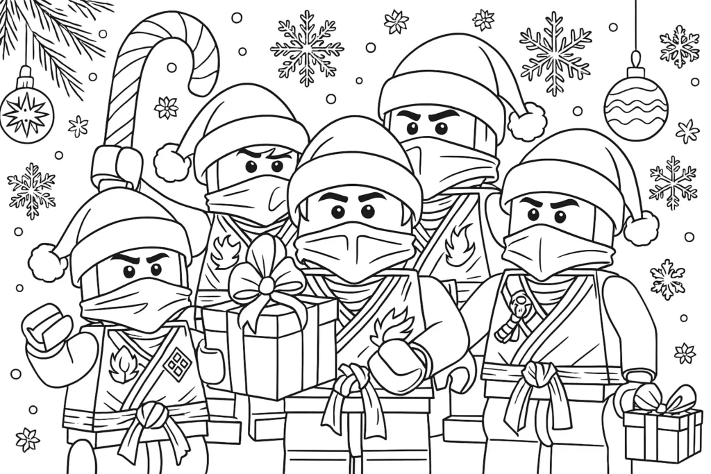 50 Ausmalbilder Lego Ninjago (Kostenlose Malvorlage Drucken) Ninjago Weihnachten Ausmalbild – Alle LEGO Ninjas mit Weihnachtsmützen und festlicher Dekoration zum Ausmalen