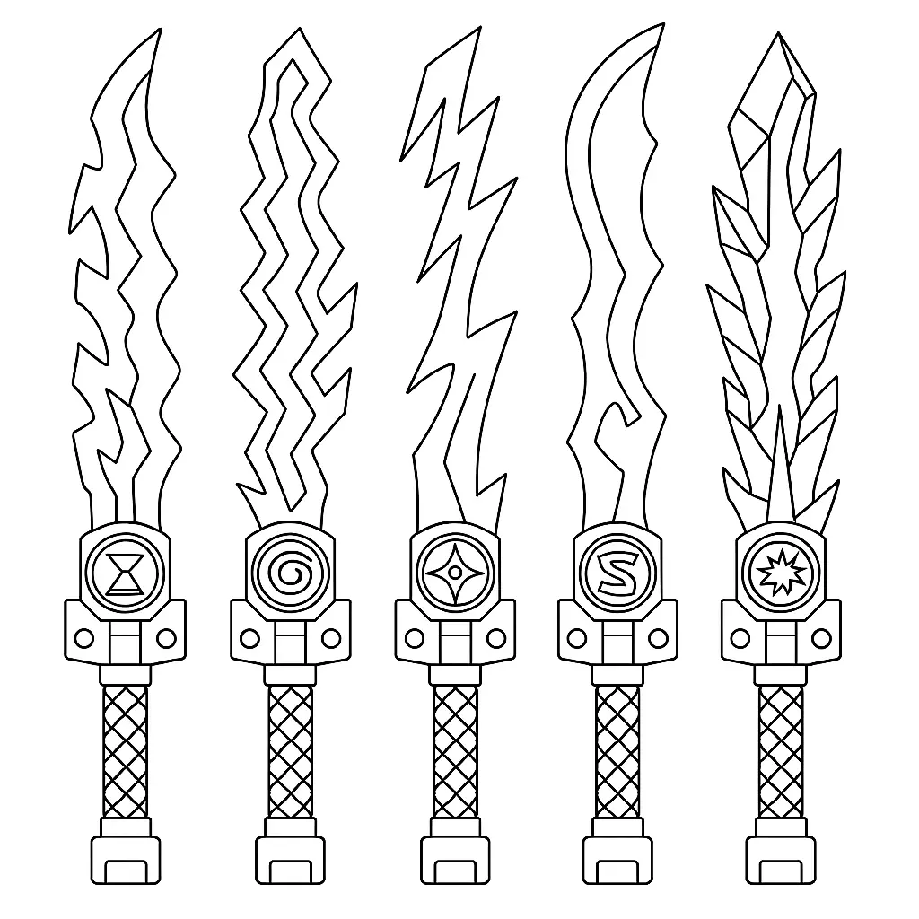 50 Ausmalbilder Lego Ninjago (Kostenlose Malvorlage Drucken) Dieses Ninjago Ausmalbild zeigt alle fünf legendären Zeitklingen: Vorlauf-, Rücklauf-, Pausen-, Verlangsamungs- und Beschleunigungsklinge. Jede Klinge besitzt ein eigenes, mächtiges Design und Symbol – perfekt für Fans der Zeitreise-Storyline in LEGO Ninjago. Jetzt kostenlos als PDF drucken und ausmalen!