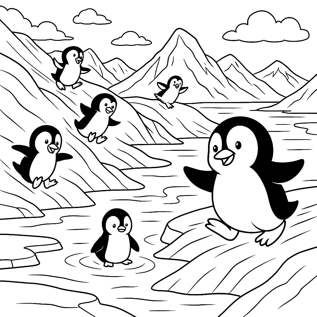 Ausmalbild mit vielen fröhlichen Pinguinen, die in der Antarktis über das Eis rutschen