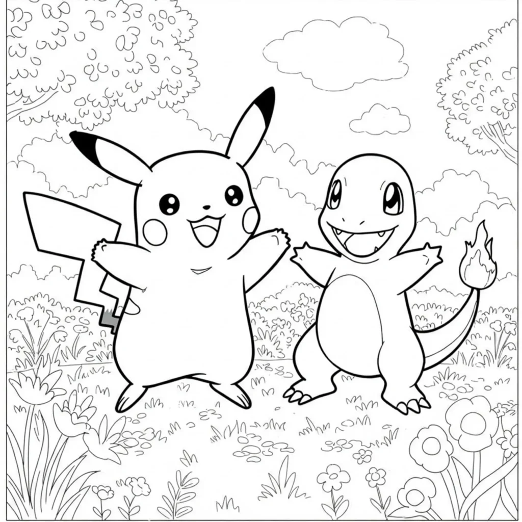 Pikachu und Glumanda Ausmalbild – Zwei Pokémon im Wald zum Ausmalen