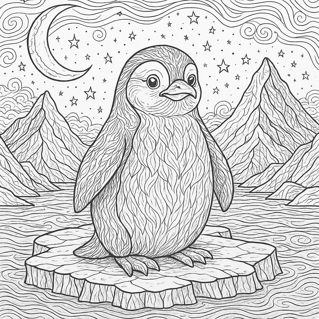 Pinguin Ausmalbilder auf einer Eisscholle mit Bergen, sternenklarem Himmel und Mond.