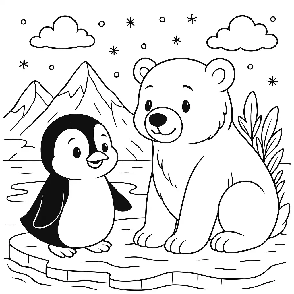 Freundlicher Pinguin und Eisbär auf Eisfläche mit Bergen und Schnee – Ausmalbild für Kinder