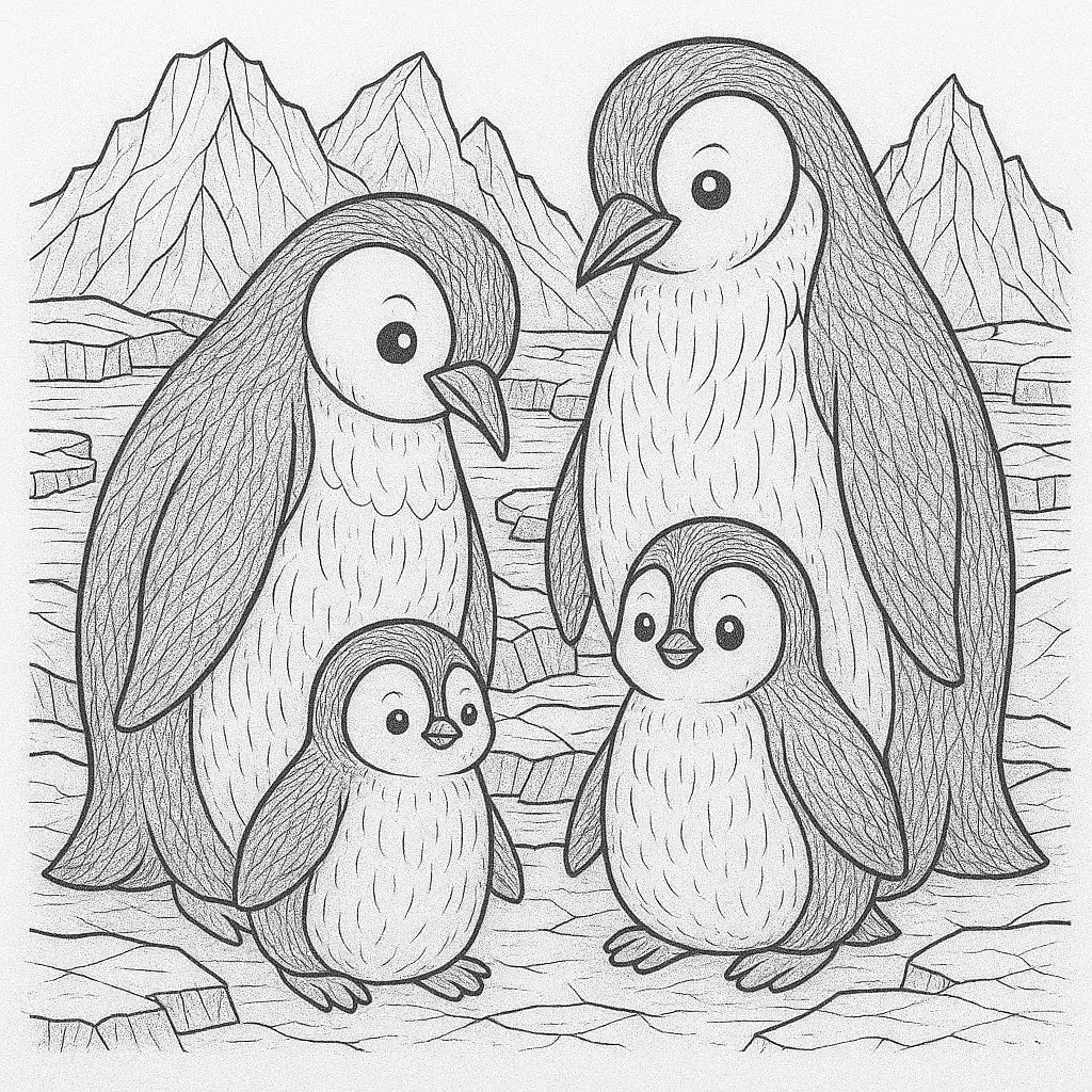 Ausmalbild einer Pinguin-Familie mit zwei Erwachsenen und zwei Küken auf Eis