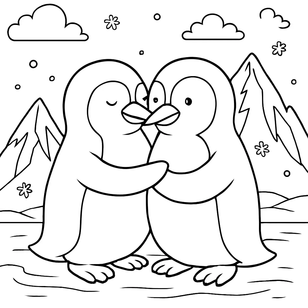 Zwei Pinguine in liebevoller Umarmung in winterlicher Landschaft