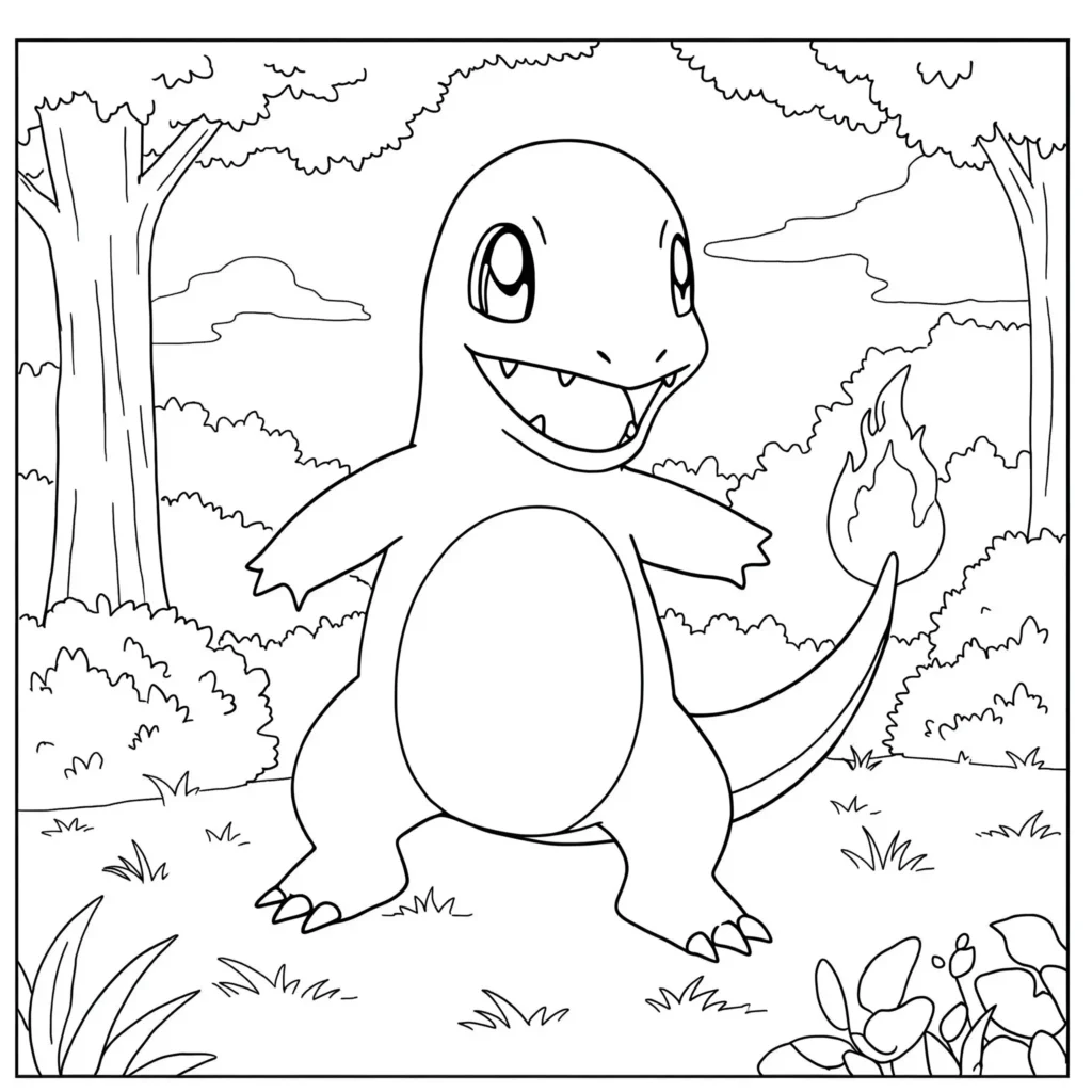 Pokémon Ausmalbilder Glumanda – Charmander im Wald als Malvorlage