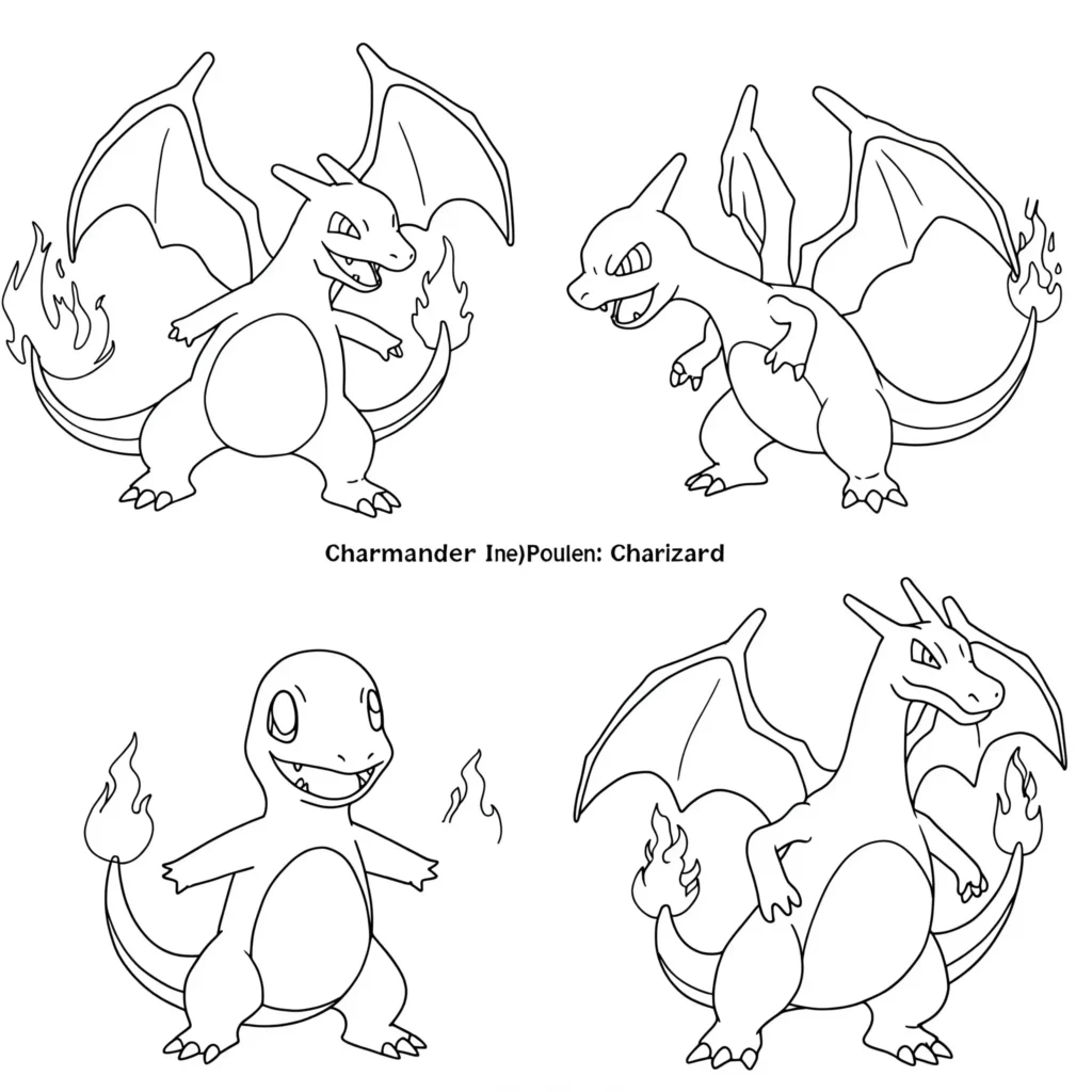 Pokémon Ausmalbilder – Glumanda, Glutexo und Glurak Entwicklung zum Ausmalen