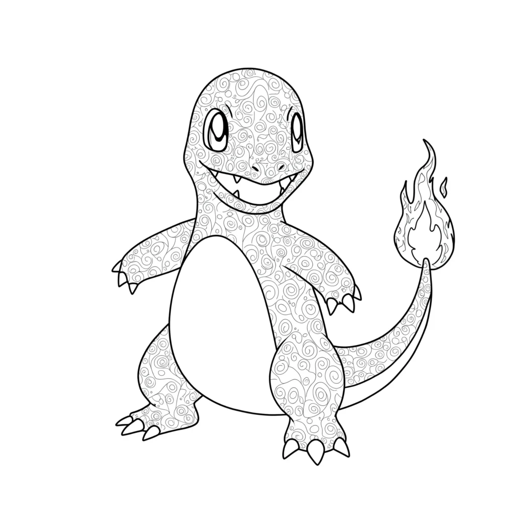 Pokémon Glumanda Malvorlage – Charmander bereit zum Ausmalen im Wald