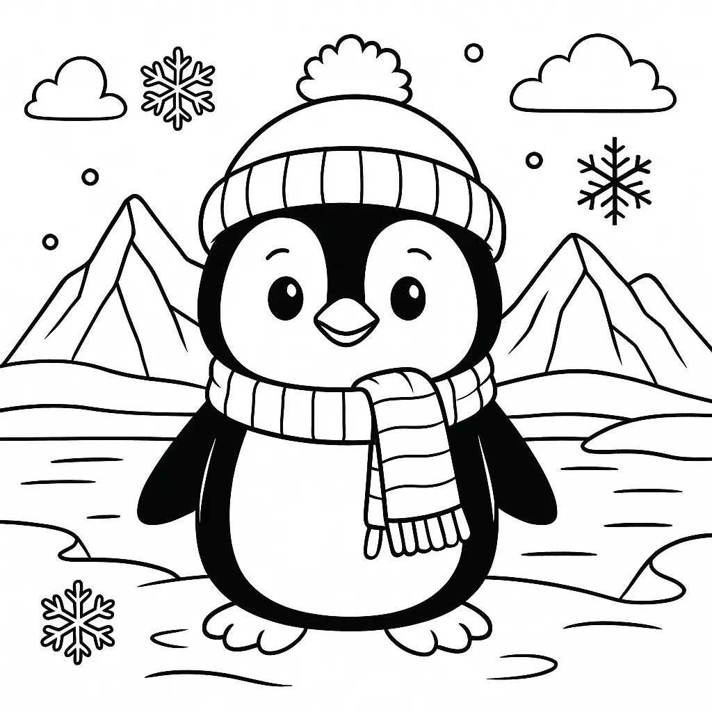 Niedlicher Polar-Pinguin mit Mütze und Schal im Schnee – Ausmalbild 