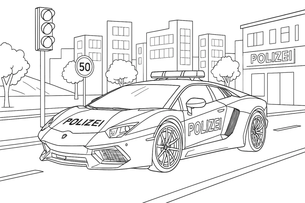Polizei Lamborghini Ausmalbild – Streifenwagen auf Stadtstraße mit POLIZEI-Beschriftung, Verkehrsschildern und Polizeistation im Hintergrund.