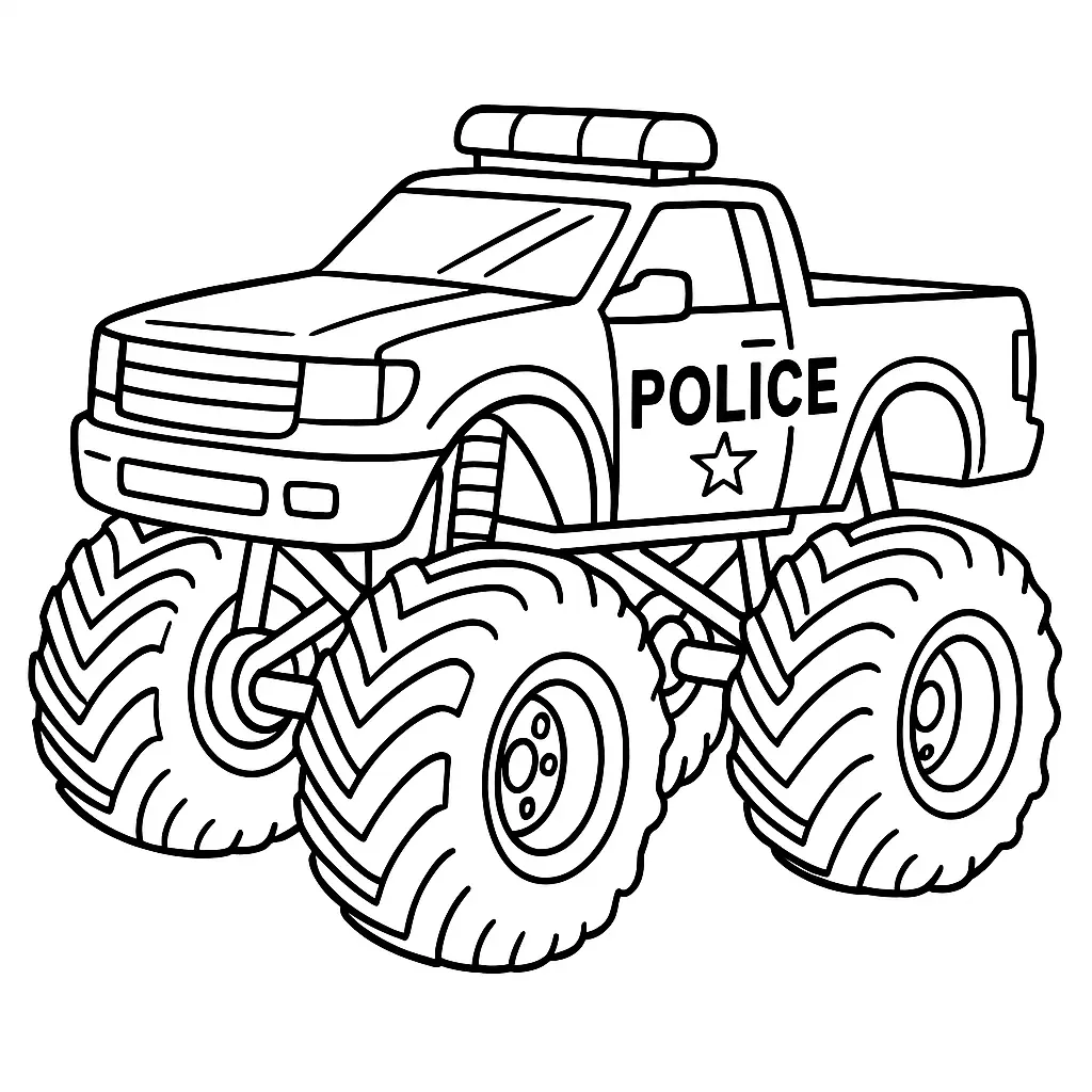 24 MonsterTruck Ausmalbilder (Kostenlose Malvorlagen Drucken) Polizei Monstertruck Ausmalbild mit Stern und Schriftzug – spannende Malvorlage für Kinder zum Ausdrucken.
