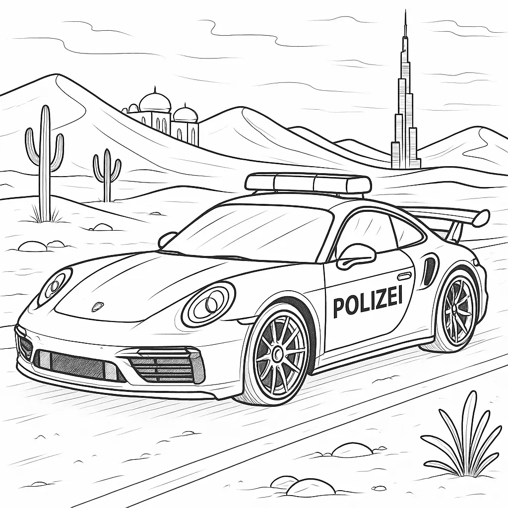 14 Porsche Ausmalbilder (Kostenlose Malvorlagen PDF drucken) Polizei Porsche Ausmalbild – Sportwagen mit Blaulicht in der Wüste bei Dubai, mit Burj Khalifa im Hintergrund. Detailliertes Malmotiv zum Ausdrucken.
