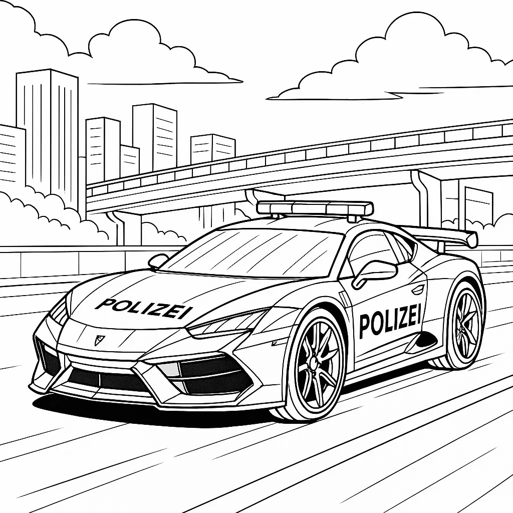 40 Rennautos Ausmalbilder (Kostenlose Malvorlage Drucken) Polizei Rennauto Ausmalbild – Polizeisportwagen mit Stadt im Hintergrund