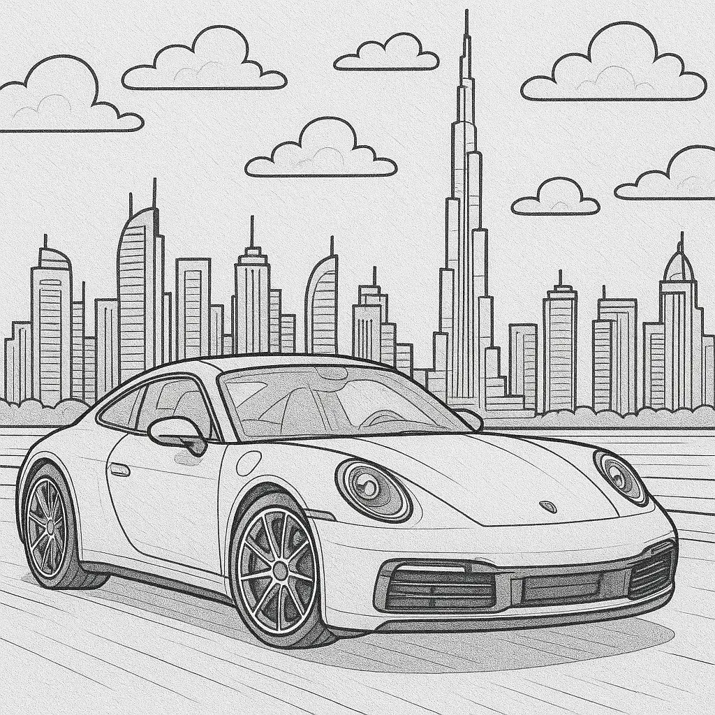 14 Porsche Ausmalbilder (Kostenlose Malvorlagen PDF drucken) Ausmalbild eines Porsche 911 von hinten mit detailreicher Berg- und Stadtkulisse – ideal für Auto-Fans