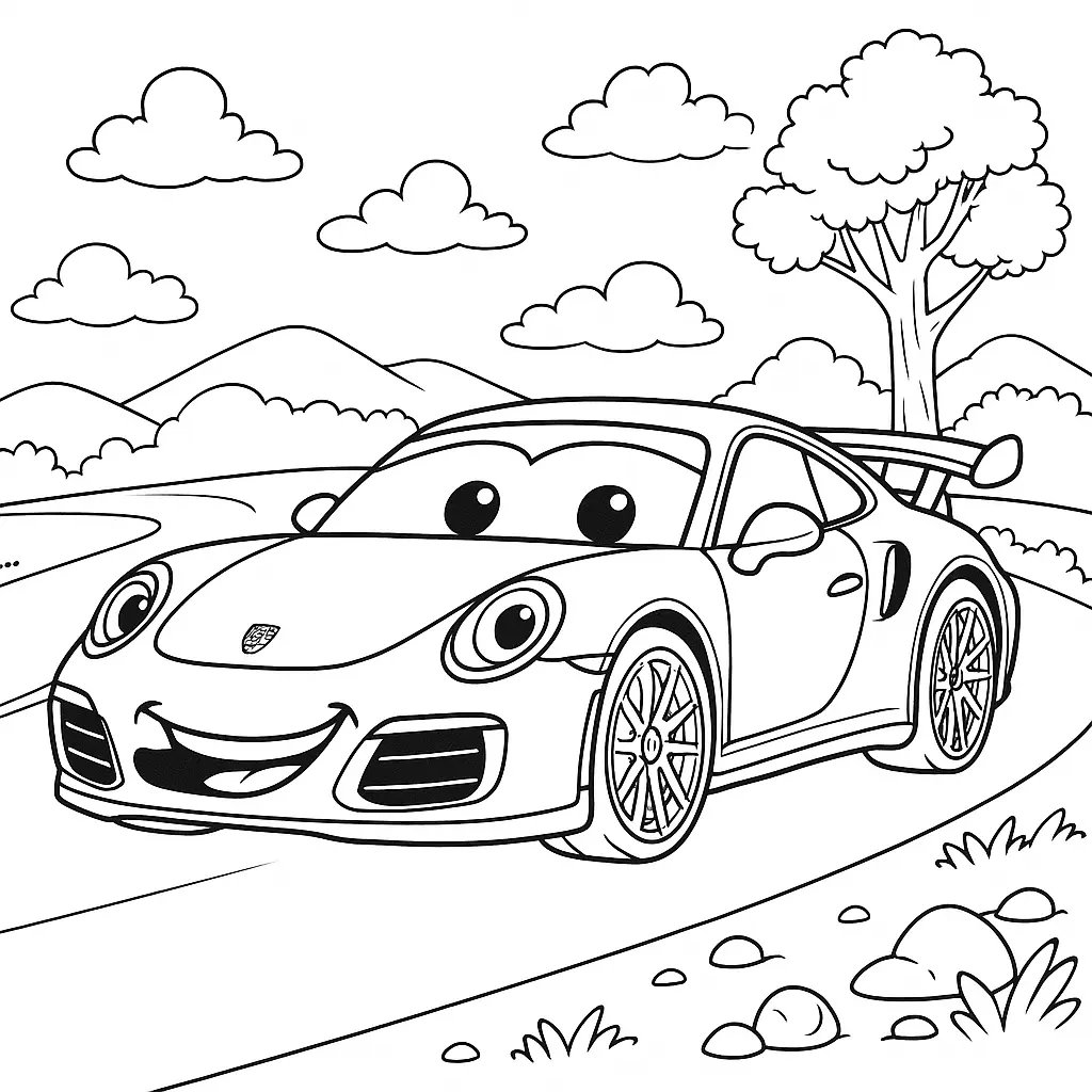 14 Porsche Ausmalbilder (Kostenlose Malvorlagen PDF drucken) Porsche Ausmalbild für Kinder – Lustiges Cartoon-Auto mit Gesicht auf einer Straße in der Natur. Perfekt für kleine Auto-Fans.