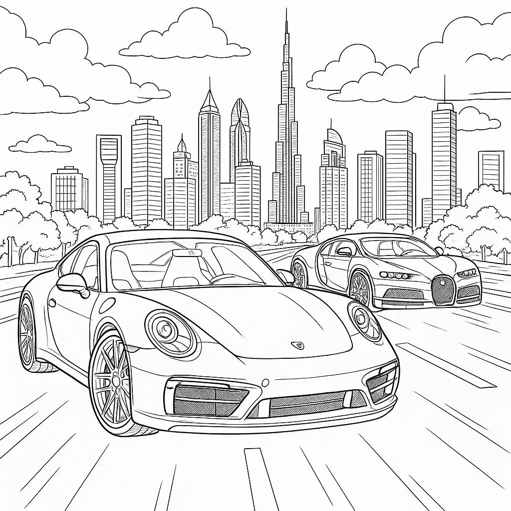 14 Porsche Ausmalbilder (Kostenlose Malvorlagen PDF drucken) Ausmalbild mit Porsche 911 und Bugatti Chiron – Zwei Sportwagen auf einer Stadtstraße mit Skyline im Hintergrund. Ideal für Kinder und Auto-Fans.