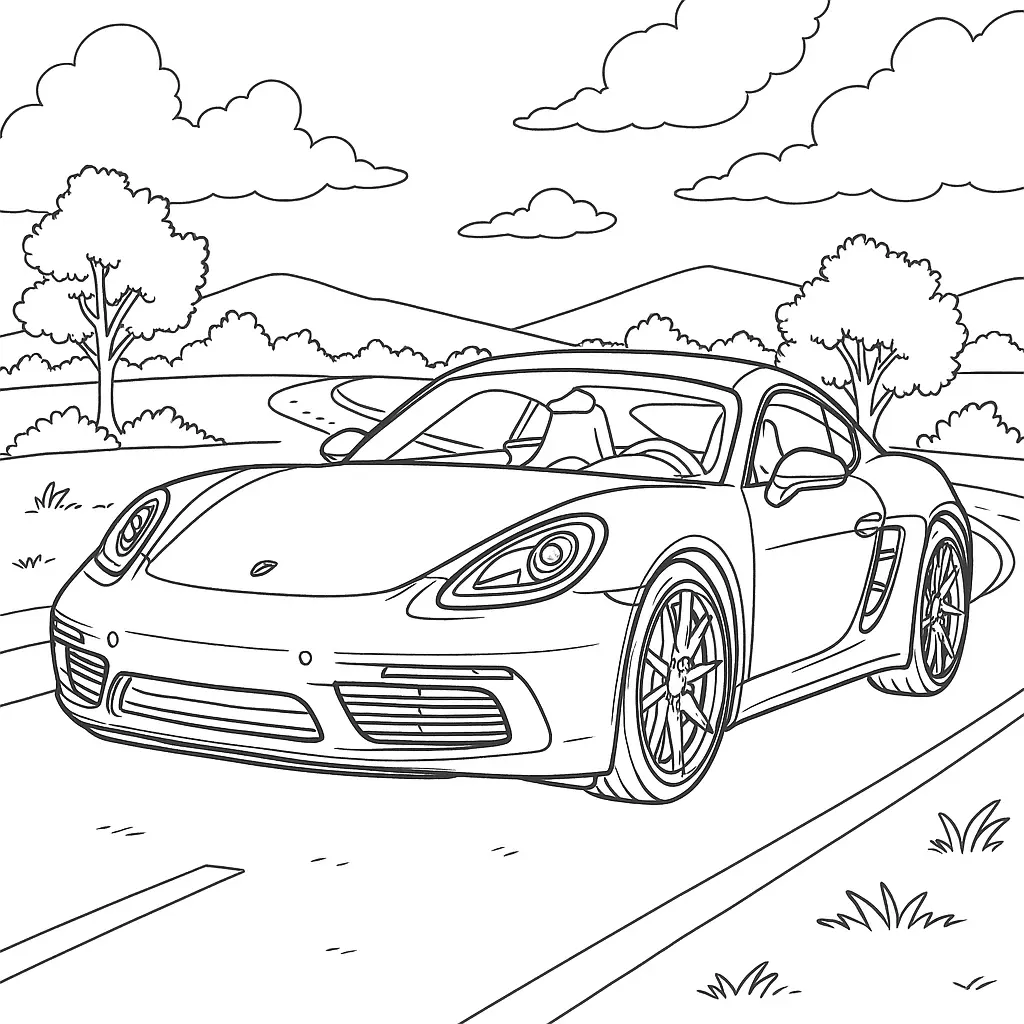 14 Porsche Ausmalbilder (Kostenlose Malvorlagen PDF drucken) Porsche Cayman Ausmalbild – Sportwagen auf einer kurvigen Landstraße mit Natur im Hintergrund. Detaillierte Malvorlage zum Ausdrucken.