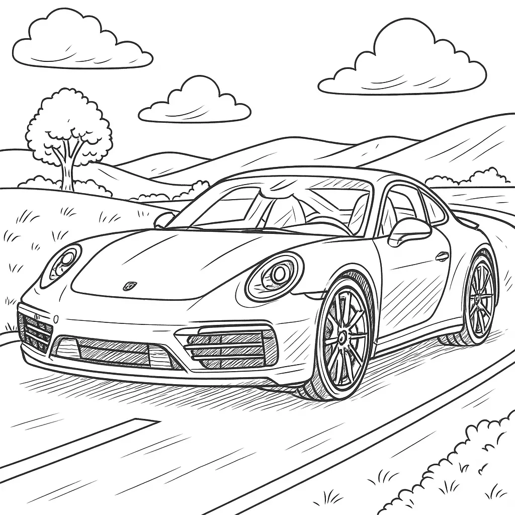 14 Porsche Ausmalbilder (Kostenlose Malvorlagen PDF drucken) Malvorlage eines Porsche auf einer Landstraße mit Naturkulisse. Detailliertes Ausmalbild für Kinder, Autofans und Erwachsene – ideal zum Ausdrucken.