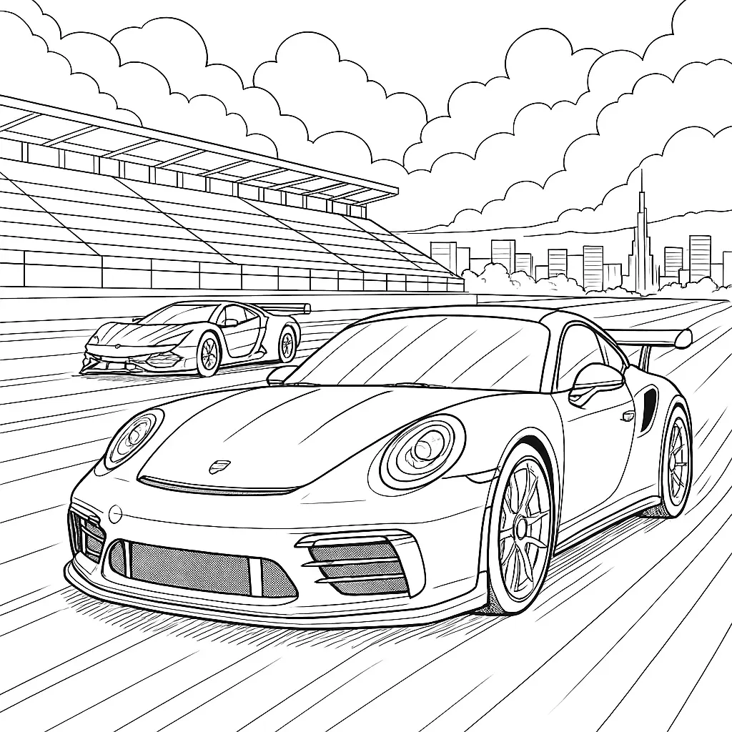 14 Porsche Ausmalbilder (Kostenlose Malvorlagen PDF drucken) Porsche und Rennauto Ausmalbild – Zwei Sportwagen auf der Rennstrecke mit Tribünen und Skyline im Hintergrund. Ideal zum Ausmalen.