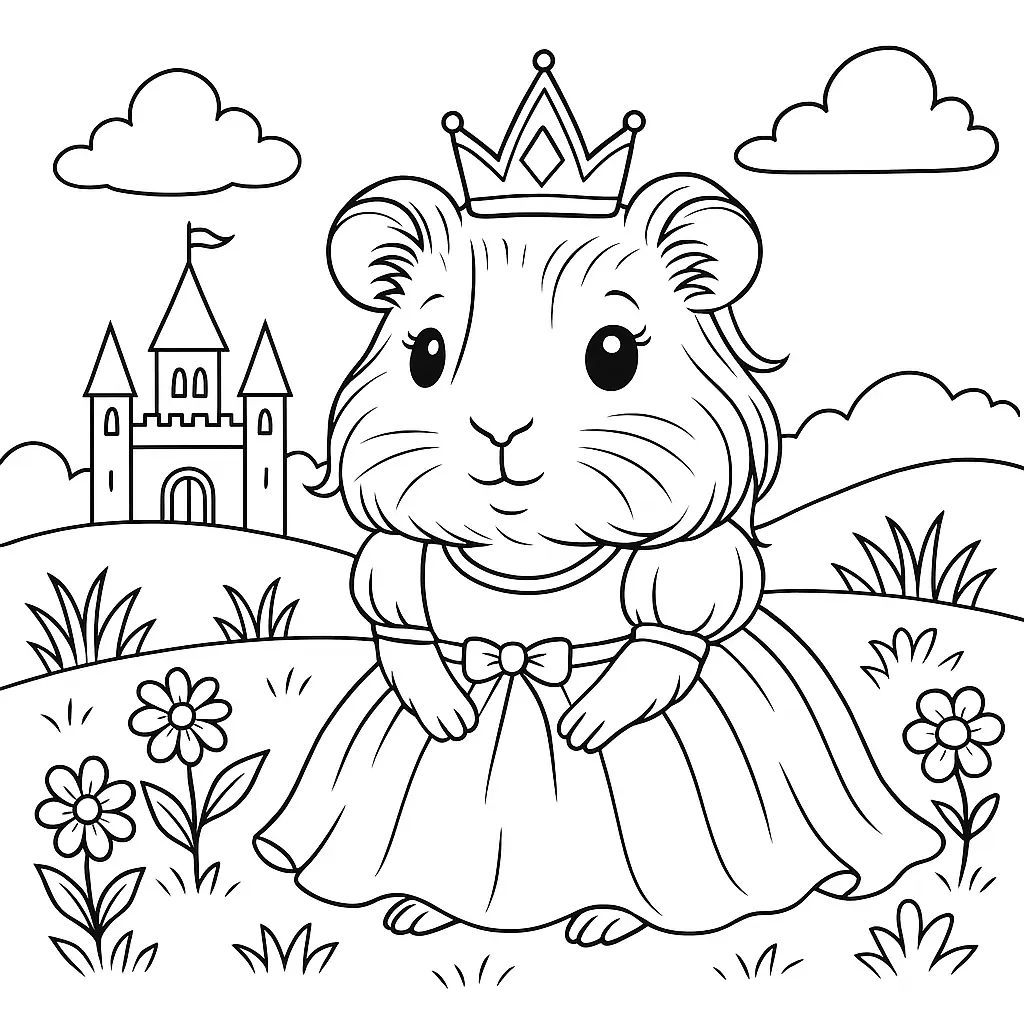 18 Meerschweinchen Ausmalbilder (Gratis Malvorlage zum drucken) Prinzessin Meerschweinchen Ausmalbild – niedliches meerschweinchen mit Kleid, Krone und Schloss im Hintergrund zum Ausmalen.