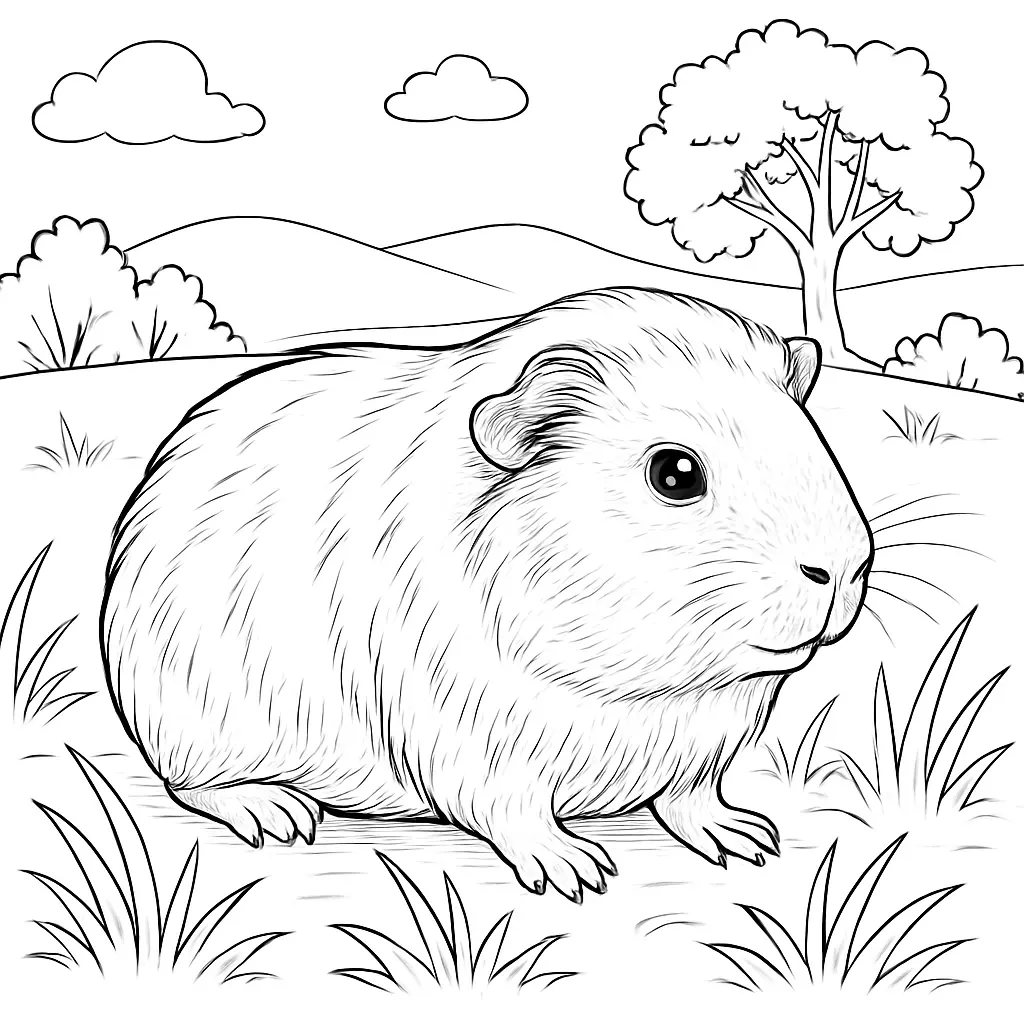 18 Meerschweinchen Ausmalbilder (Gratis Malvorlage zum drucken) Realistisches meerschweinchen ausmalbild mit natürlichem Hintergrund aus Gras, Hügeln und Bäumen – ideal für naturgetreues Ausmalen.