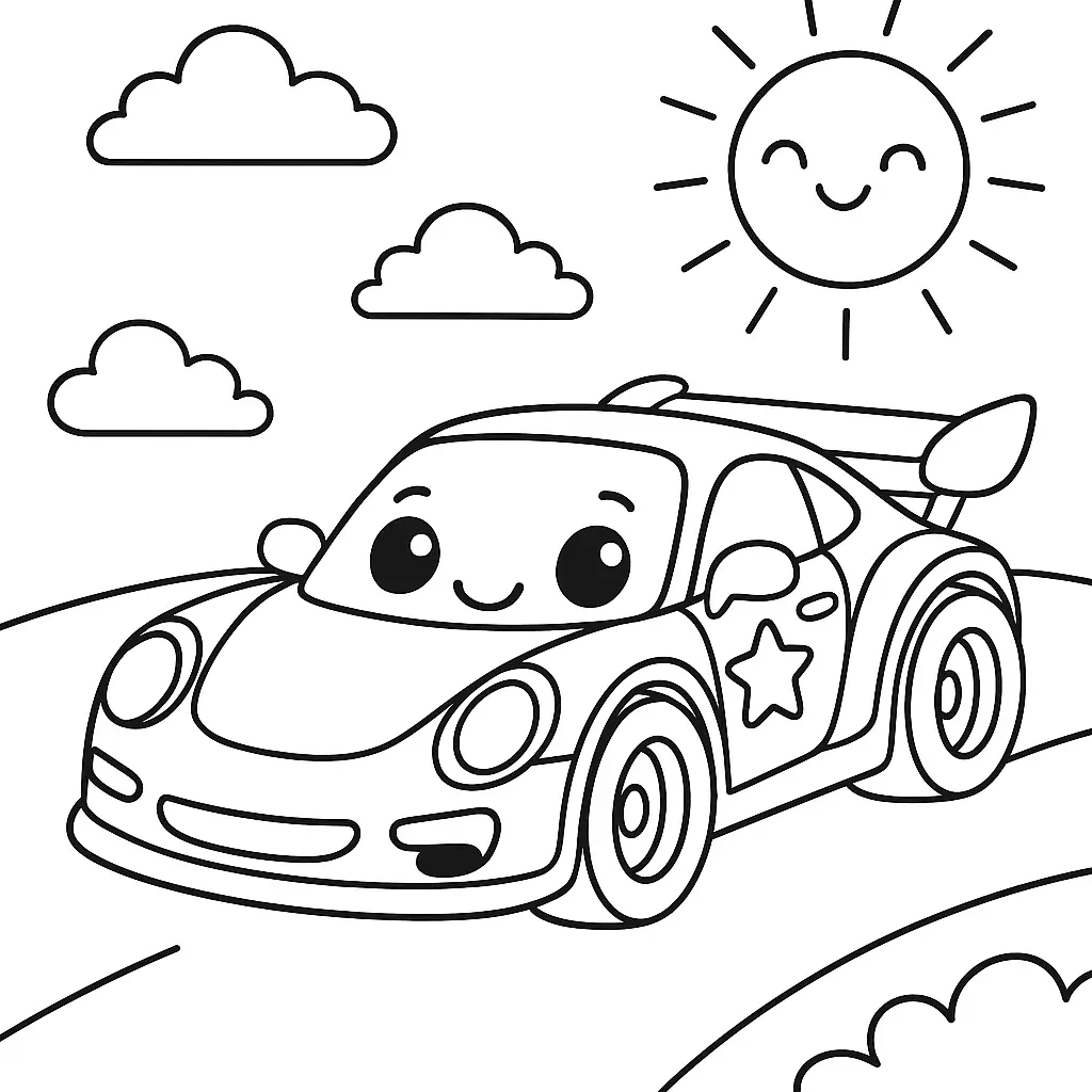 40 Rennautos Ausmalbilder (Kostenlose Malvorlage Drucken) Kawaii Rennauto Ausmalbild – Niedliches Rennwagen-Motiv zum Ausmalen