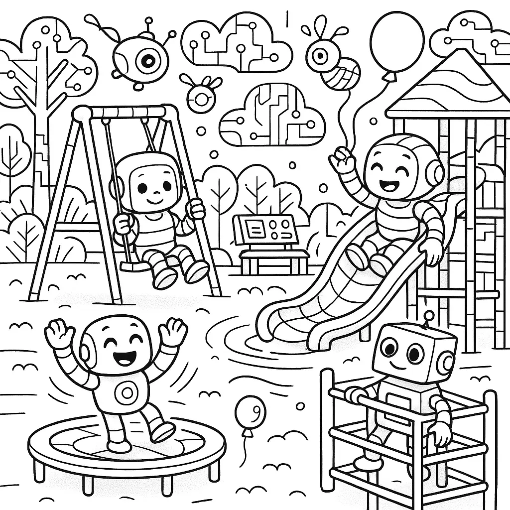 30 Roboter Ausmalbilder (Kostenlose Malvorlage PDF drucken) Roboter auf einem futuristischen Spielplatz – einer schaukelt, einer rutscht, einer hüpft, einer klettert