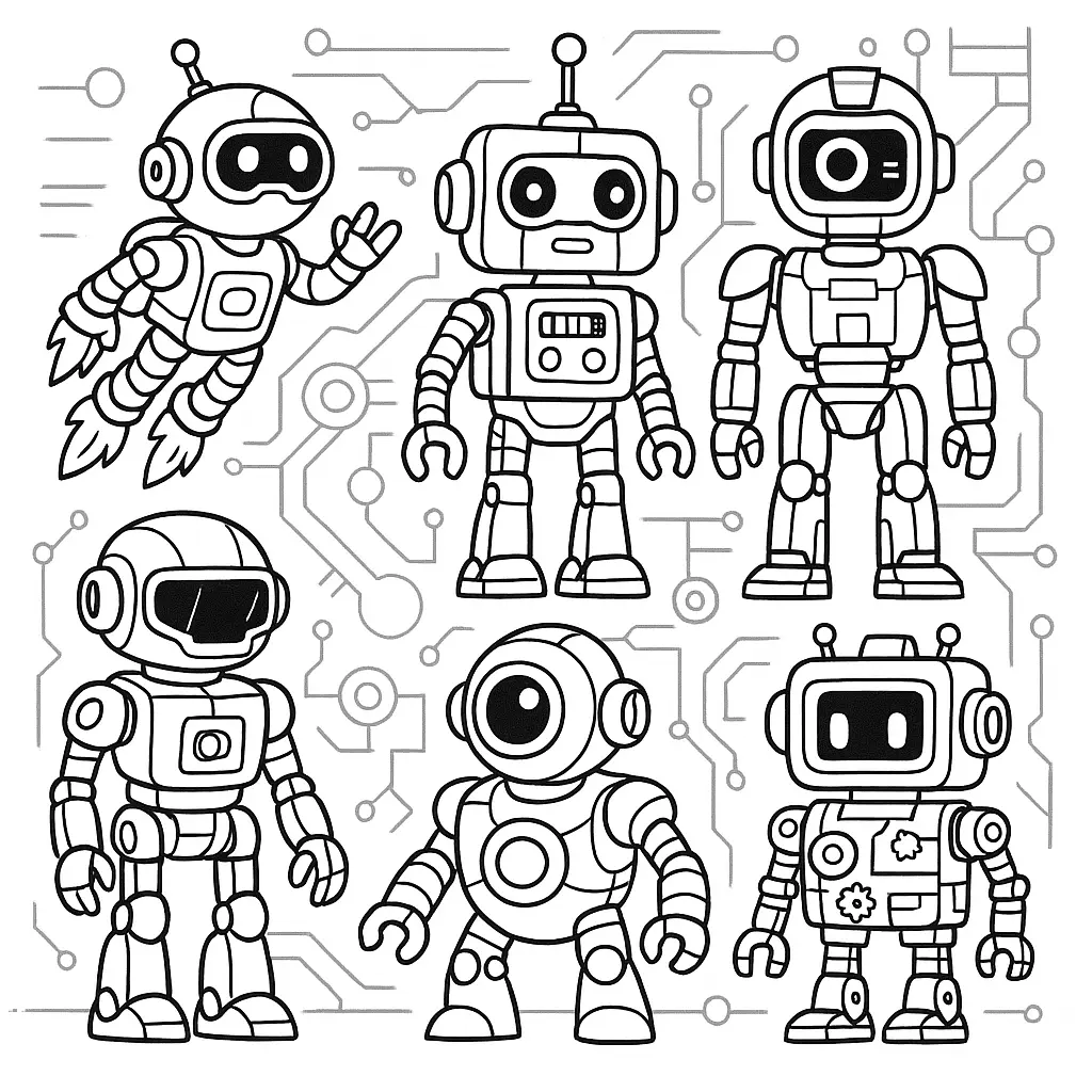30 Roboter Ausmalbilder (Kostenlose Malvorlage PDF drucken) Ausmalbild mit Sammlung kleiner Roboter – futuristische Designs mit Technikdetails