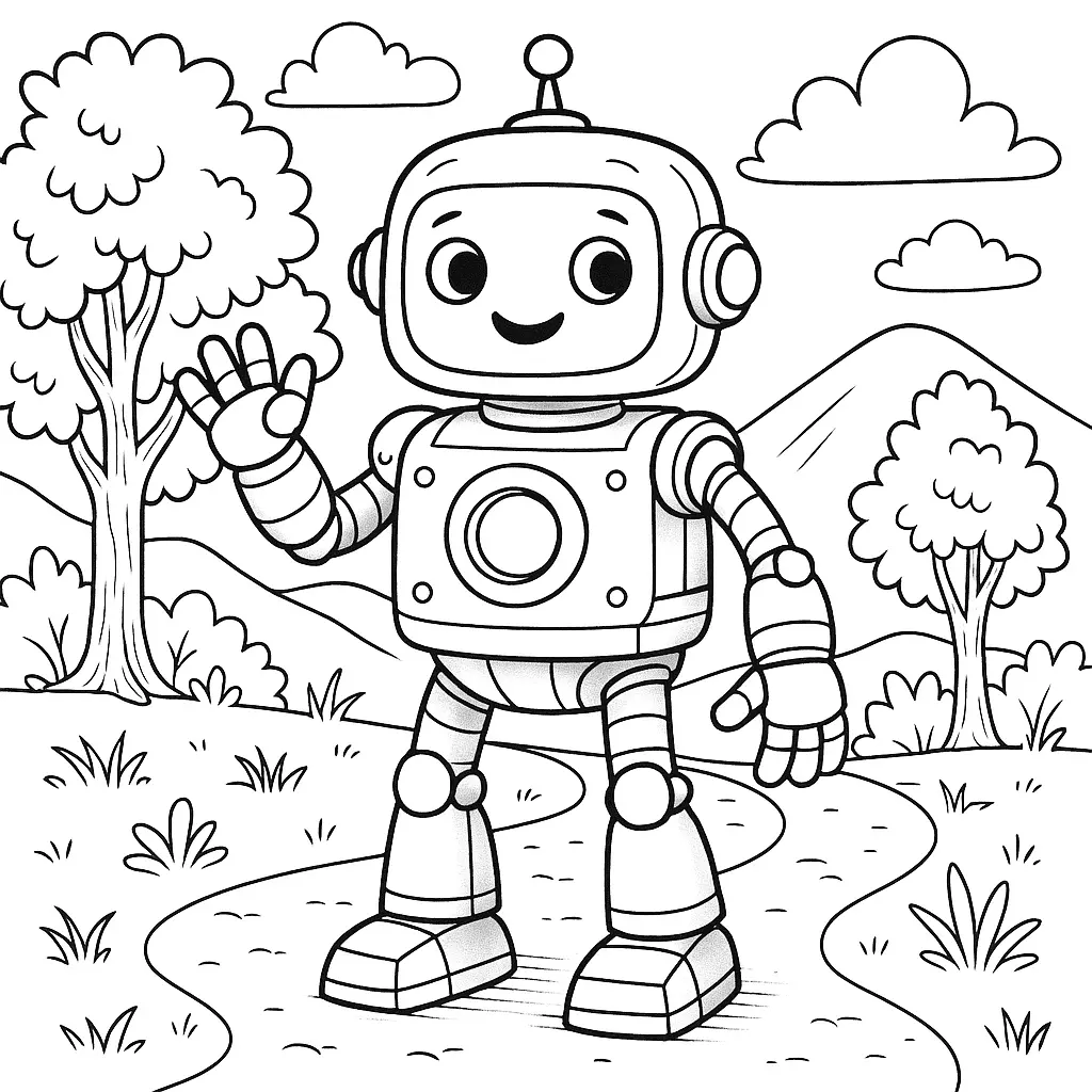 30 Roboter Ausmalbilder (Kostenlose Malvorlage PDF drucken) Ein detailliertes Roboter Ausmalbild mit Stadt im Hintergrund – perfekt für kreative Malstunden. Diese Malvorlage eignet sich für Kinder jeden Alters, die Spaß daran haben, Roboter auszumalen.