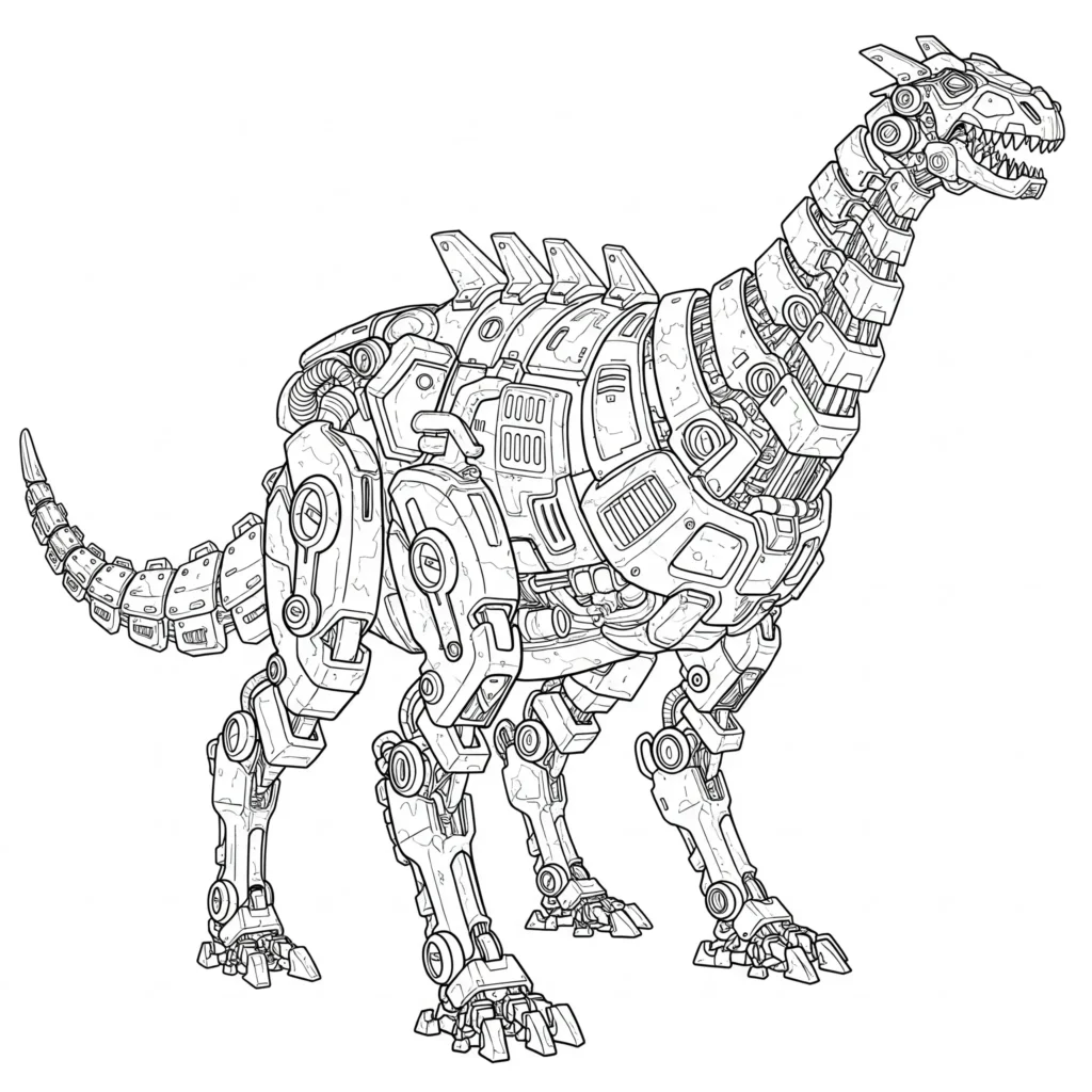 30 Roboter Ausmalbilder (Kostenlose Malvorlage PDF drucken) Futuristisches Roboter-Dino Ausmalbild – mechanischer T-Rex in technischer Landschaft