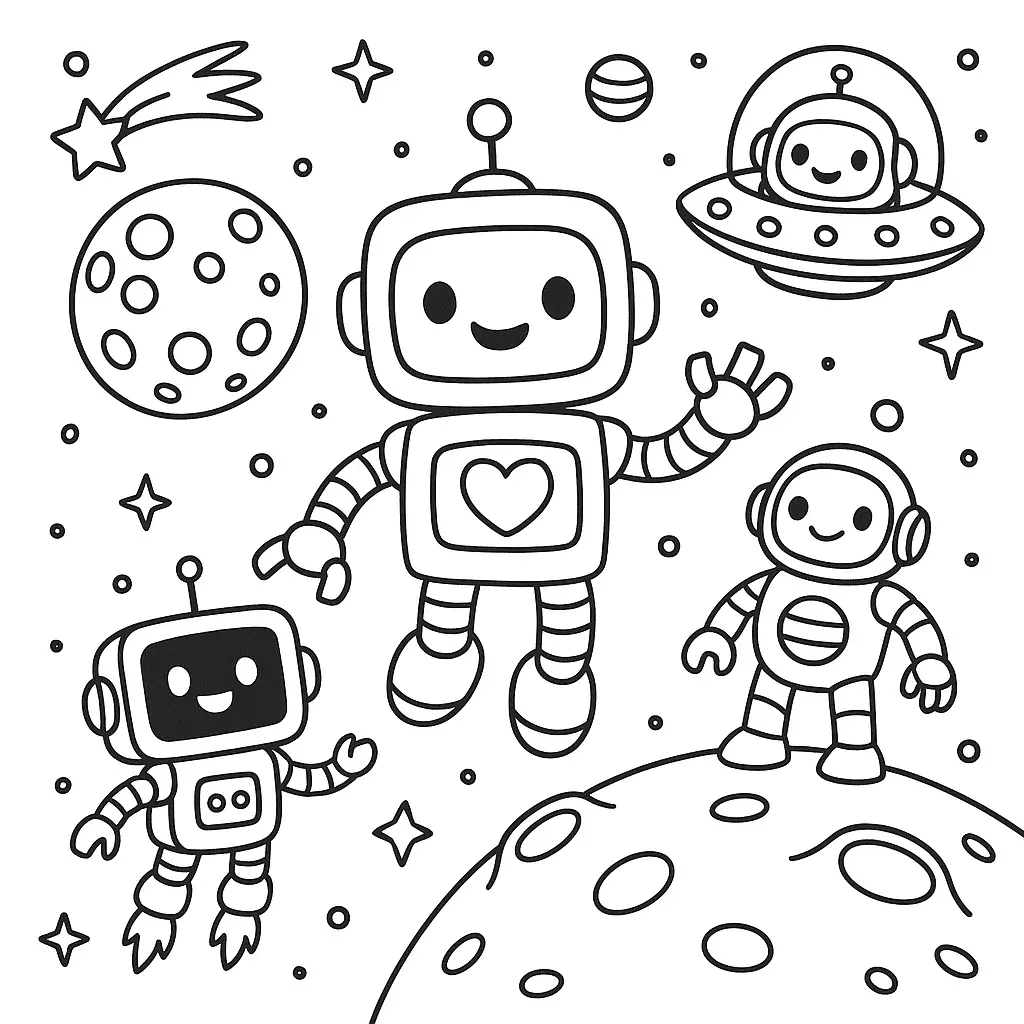 30 Roboter Ausmalbilder (Kostenlose Malvorlage PDF drucken) Ausmalbild mit Robotern im Weltall – mit Raketen, Planeten, Sternen und UFOs