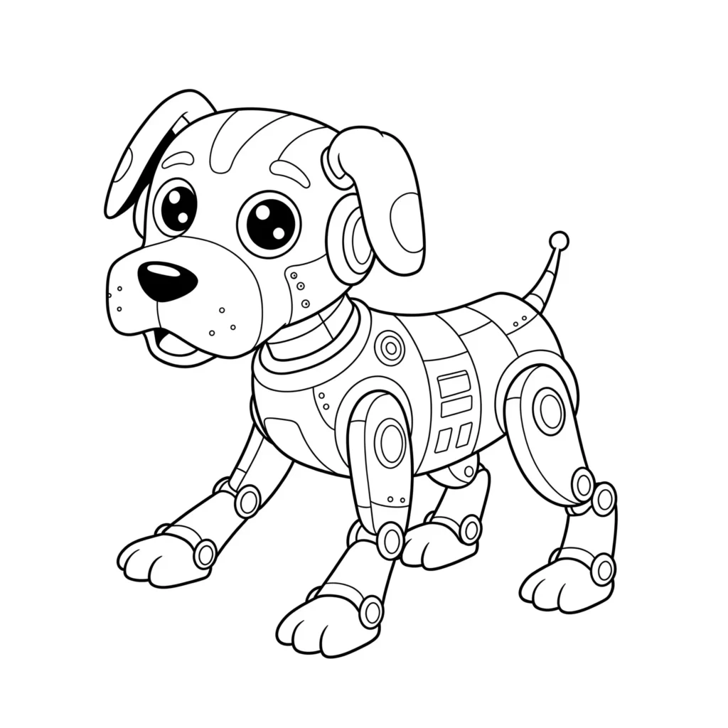30 Roboter Ausmalbilder (Kostenlose Malvorlage PDF drucken) Süßes Roboterhund Ausmalbild – Roboter-Welpe mit Herzsymbol in futuristischer Umgebung