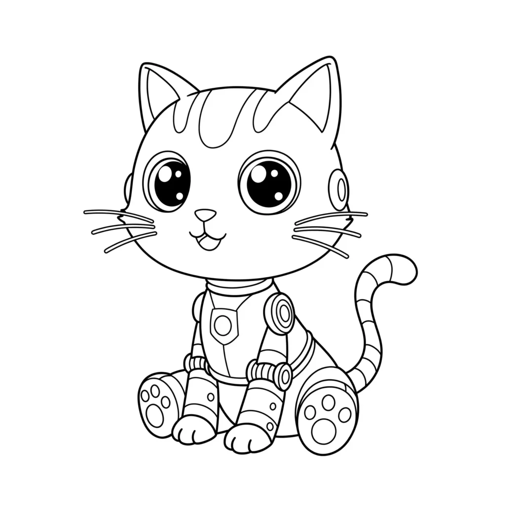 30 Roboter Ausmalbilder (Kostenlose Malvorlage PDF drucken) Technische Roboterkatze in futuristischer Stadtlandschaft – Ausmalbild für Kinder und Technikfans
