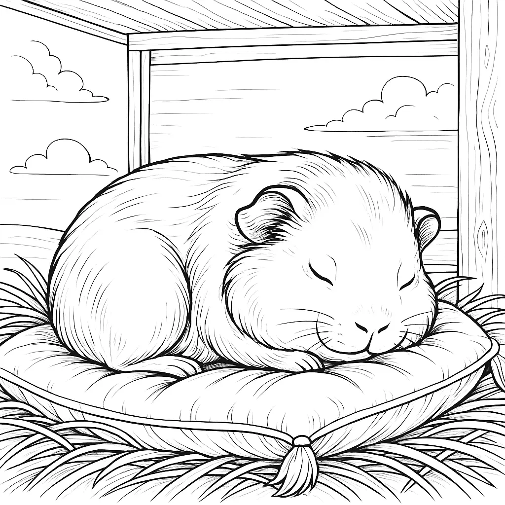 18 Meerschweinchen Ausmalbilder (Gratis Malvorlage zum drucken) Schlafendes Meerschweinchen liegt auf einem Kissen im Stall – liebevoll gezeichnetes ausmalbild meerschweinchen mit Details im Hintergrund.