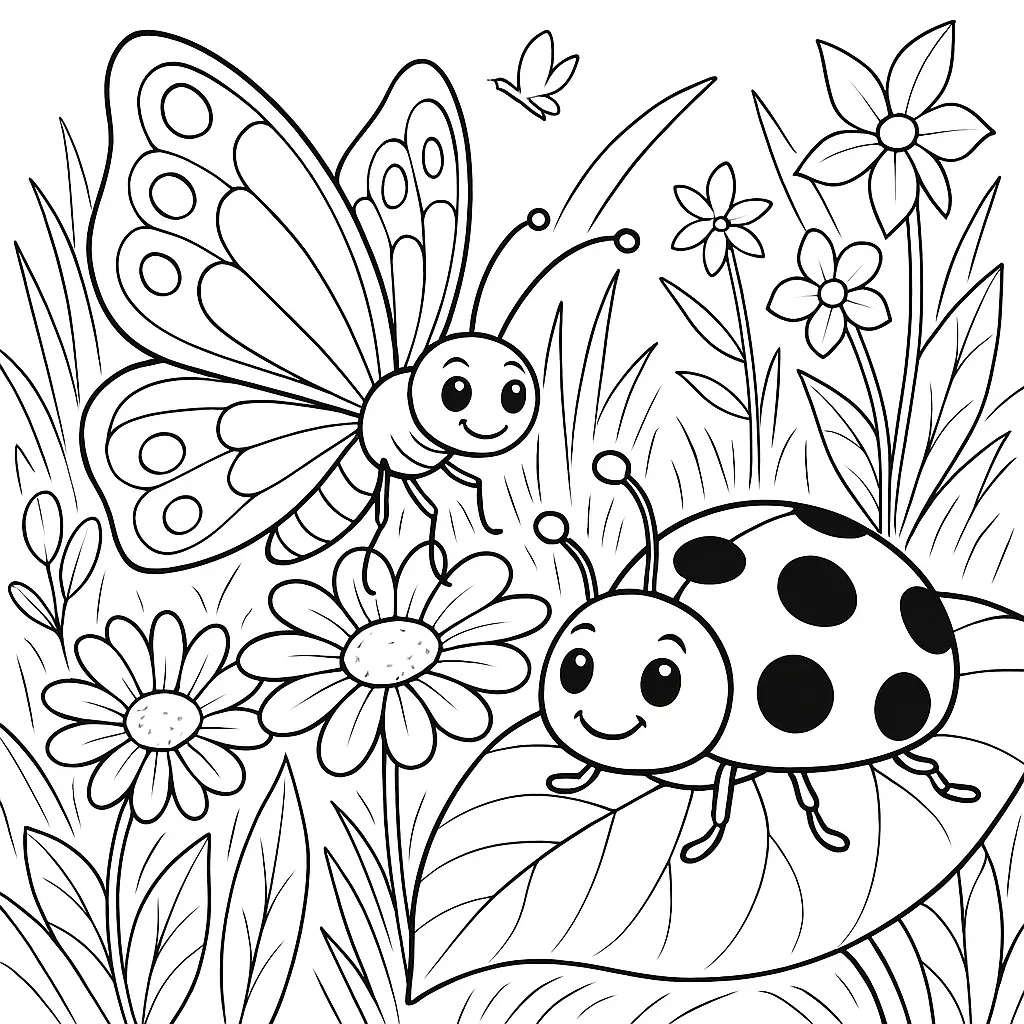 Ausmalbild mit Schmetterling und Marienkäfer auf Blumenwiese – perfekt für Kinder zum Ausdrucken.