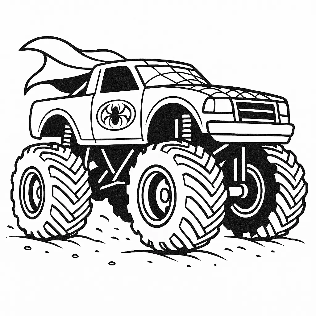 24 MonsterTruck Ausmalbilder (Kostenlose Malvorlagen Drucken) Ausmalbild eines Spiderman-Monstertrucks mit Spinnennetz-Design und riesigen Reifen in Aktion