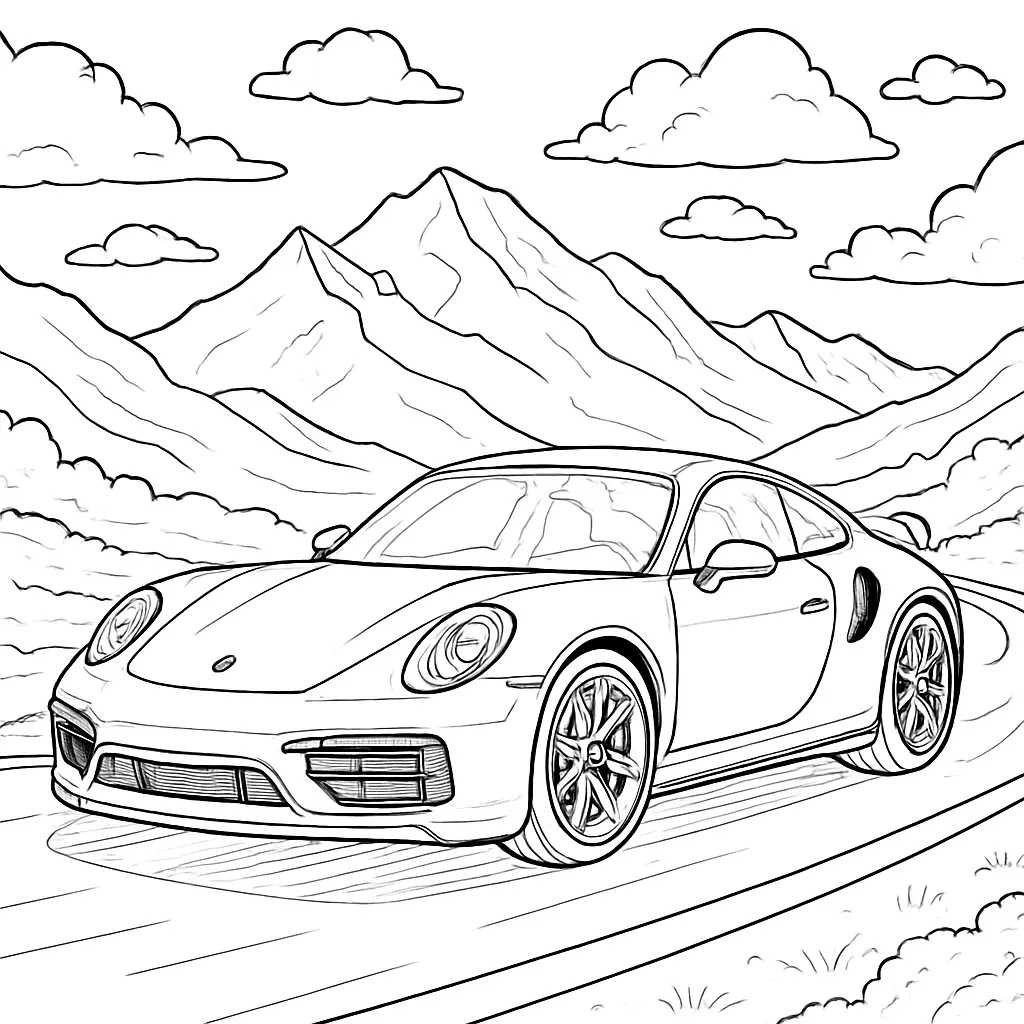 14 Porsche Ausmalbilder (Kostenlose Malvorlagen PDF drucken) Sportwagen Porsche Ausmalbild – Detaillierter Porsche auf Bergstraße mit alpinem Hintergrund. Perfektes Ausmalmotiv für Autofans.