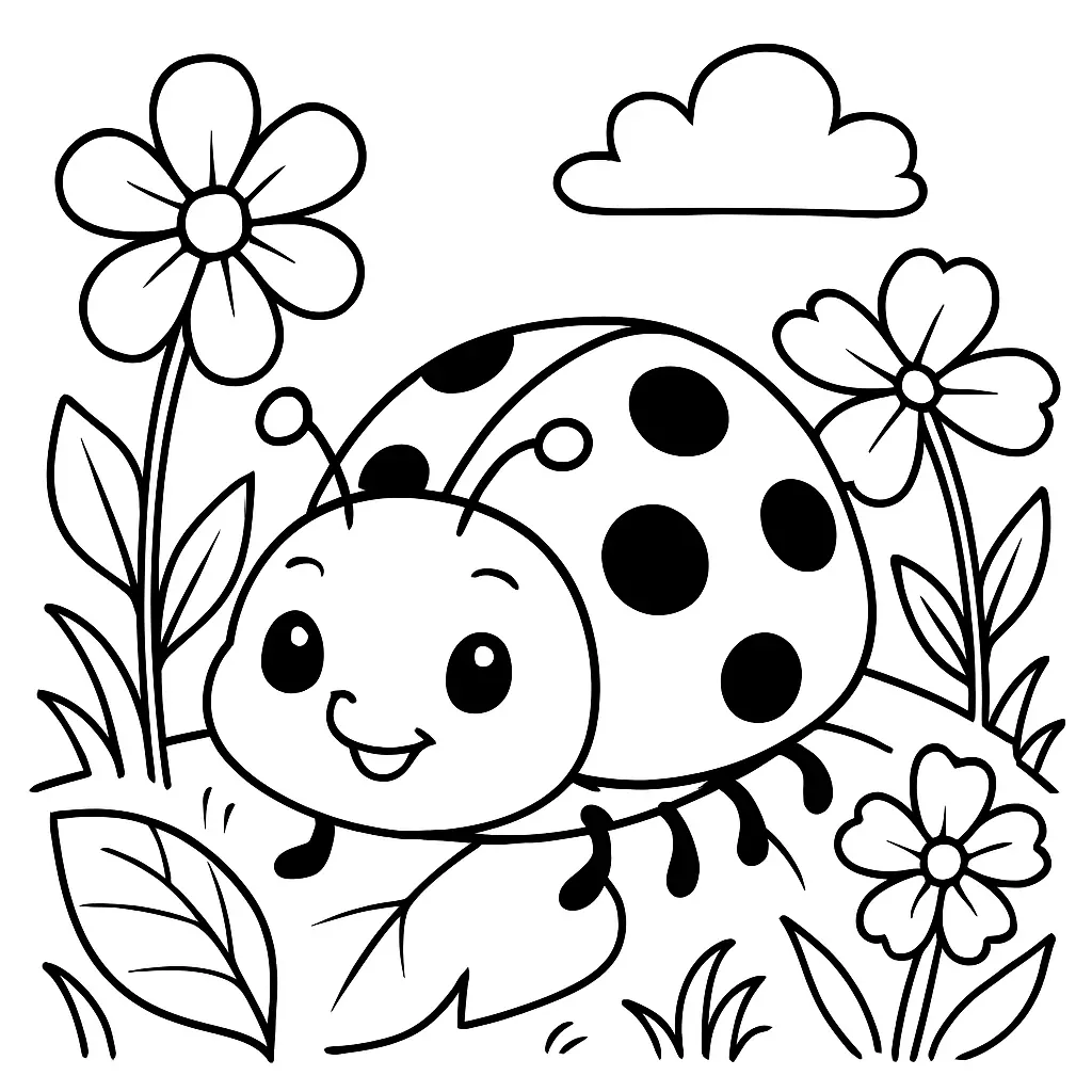 Süßes Marienkäfer Ausmalbild mit großen Augen und Blumen – perfekt für Kinder zum Ausdrucken.
