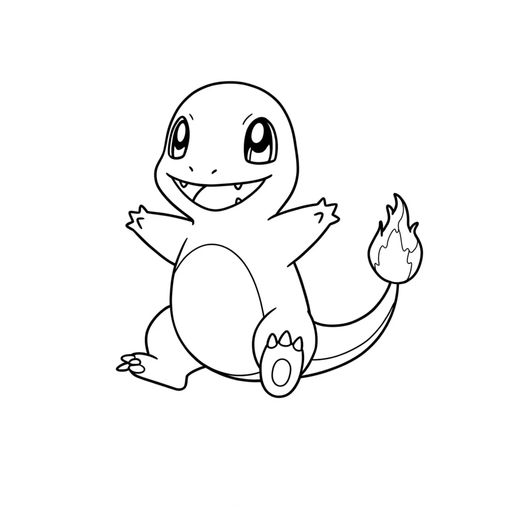 Süßes Glumanda Ausmalbild – Charmander lächelt in Waldkulisse