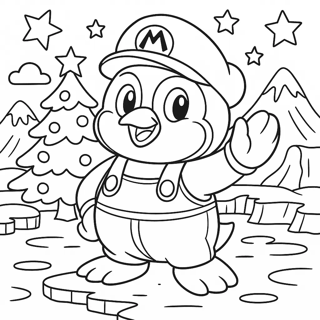 Ausmalbild mit Super Mario Pinguin im Schnee mit Mütze, Sternen und Weihnachtsbaum